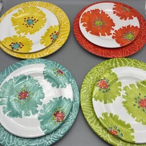 4 Laurie Gates California Dinner And Salad Plates Bright Floral Flower Melamine